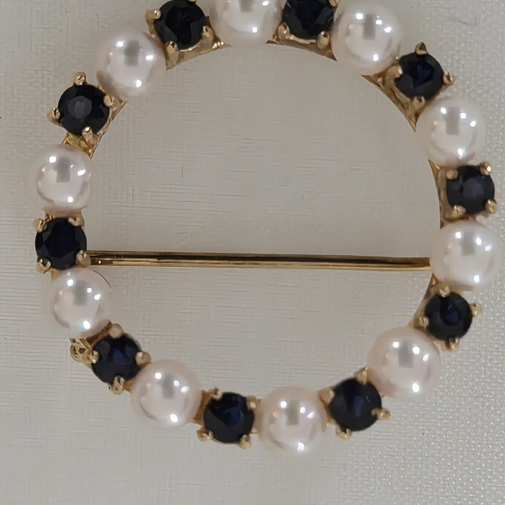 Macy's 14K Gold Brooch with Pearls and Sapphires